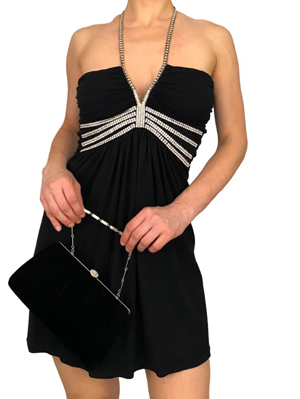 Sky Rhinestone Goddess Black Mini Dress